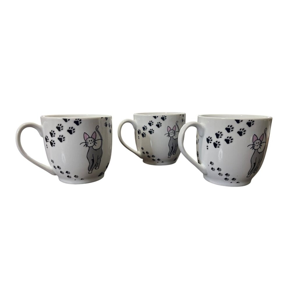 Zrike Everyday "Here Kitty" Mugs Porcelain Paw Print Cat Set Of 3 White Black - Picture 5 of 6